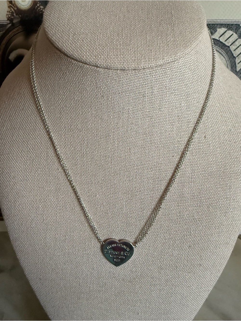 Please Return to Tiffany & Co. 925 Silver Heart Double Chain 16” Necklace
